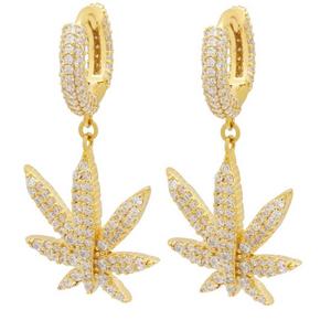 King Ice Iced Cannabis Leaf Hanging Earrings - Gold - GOLD