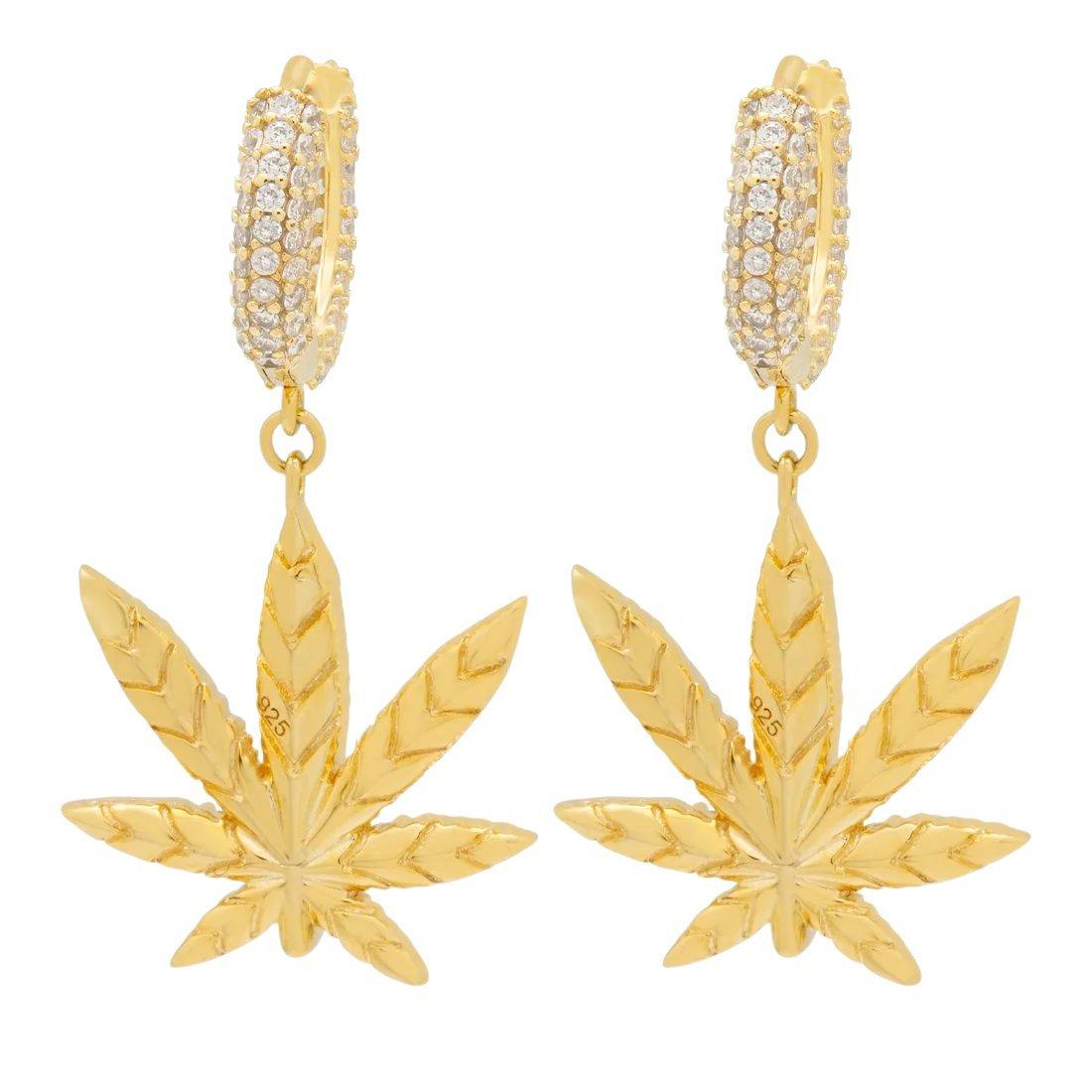 King Ice Emerald Cannabis Leaf Hanging Earrings - Gold - GOLD