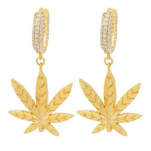 King Ice Emerald Cannabis Leaf Hanging Earrings - Gold - GOLD