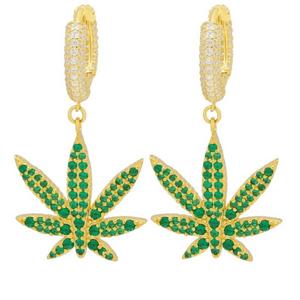 King Ice Emerald Cannabis Leaf Hanging Earrings - Gold - GOLD