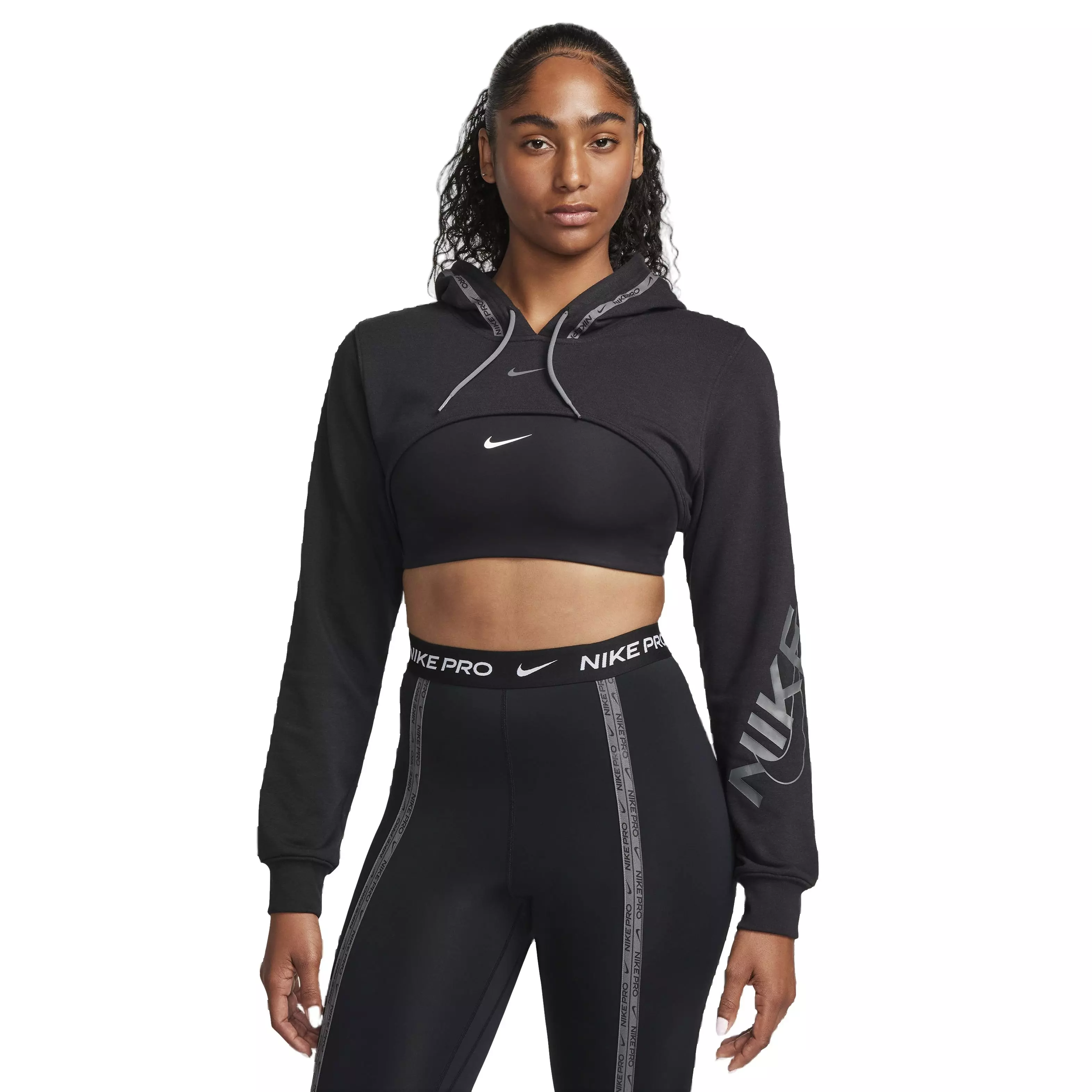 Nike Women's Pro Dri-FIT Cropped Graphic Hoodie -Black - BLACK
