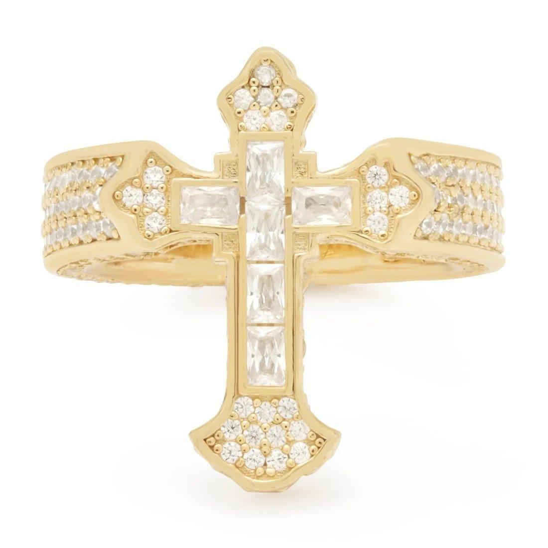 King Ice Fleur De Lis Cross Ring - Gold - GOLD