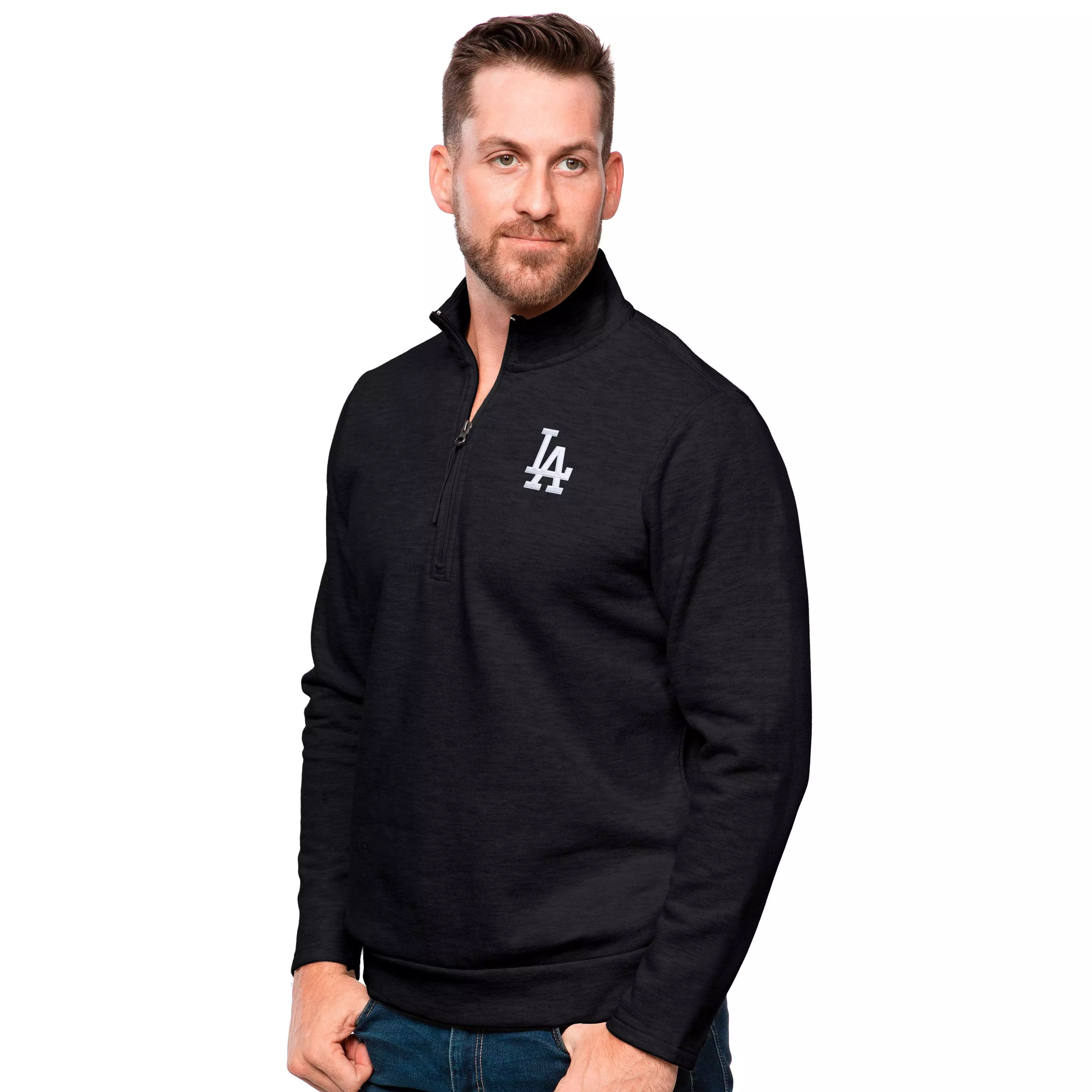 Antigua Men's Los Angeles Dodgers Gambit Fleece Quarter-Zip Pullover Jacket-Black - BLACK