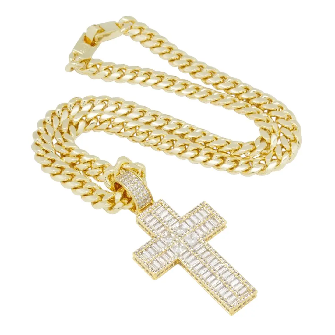 King Ice Baguette Cut Cross Necklace - GOLD