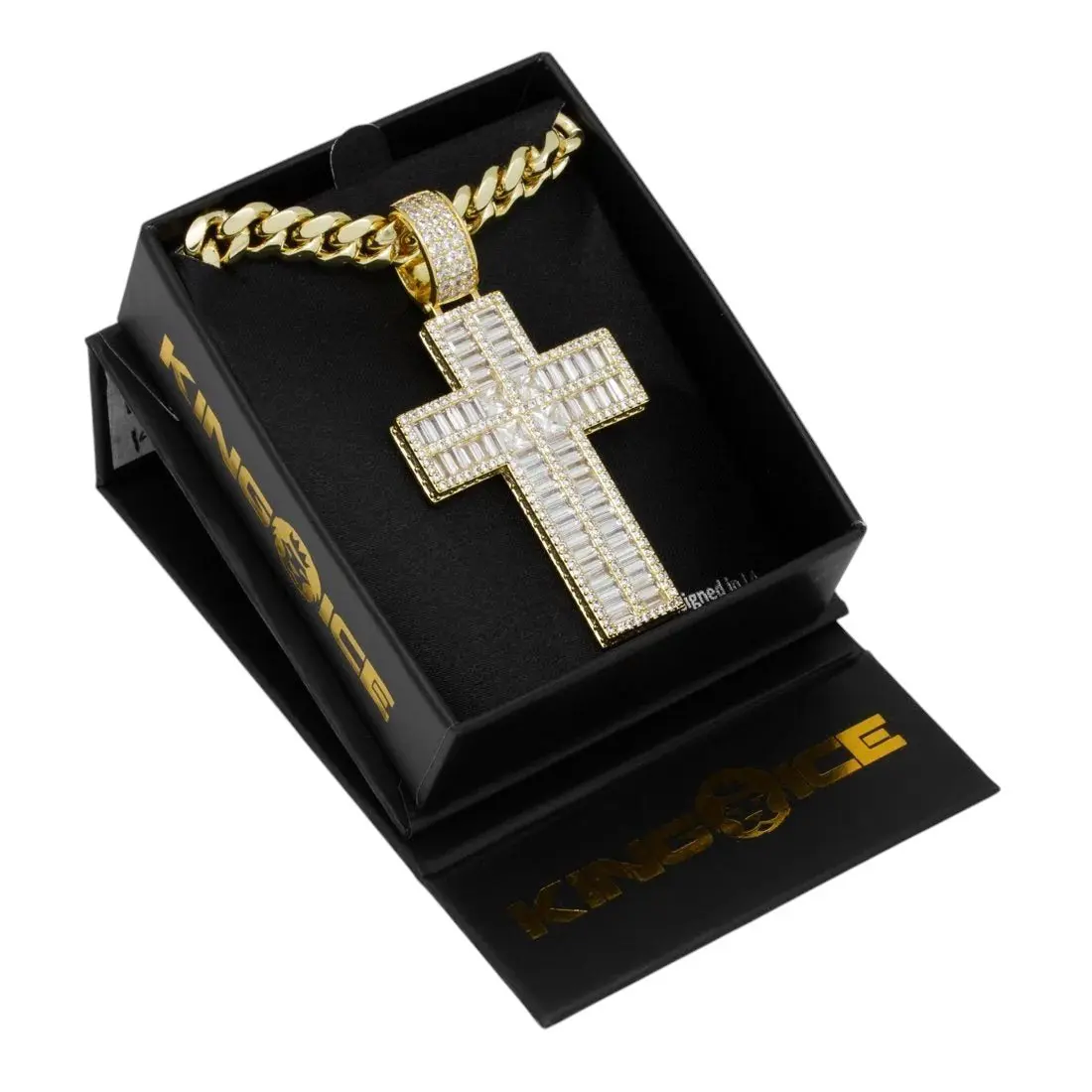 King Ice Baguette Cut Cross Necklace - GOLD
