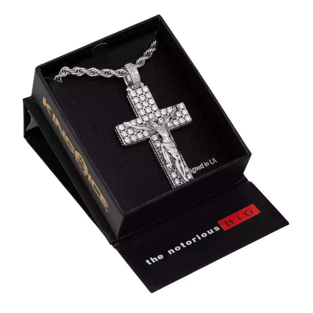 King Ice x Notorious B.I.G.-Biggie Crucifix Necklace - White Gold - WHITE GOLD