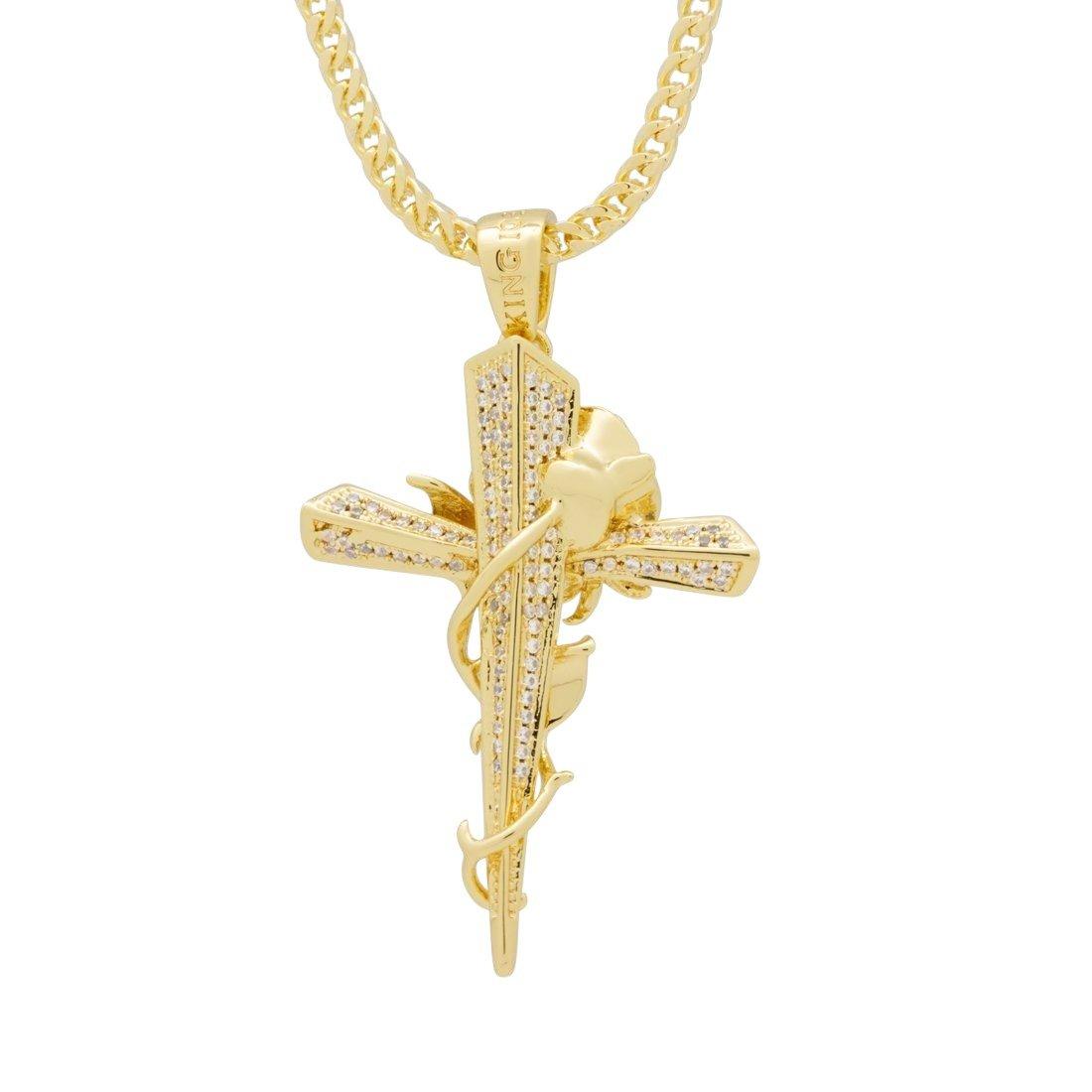 King Ice Rose Thorned Cross Necklace - Gold - GOLD