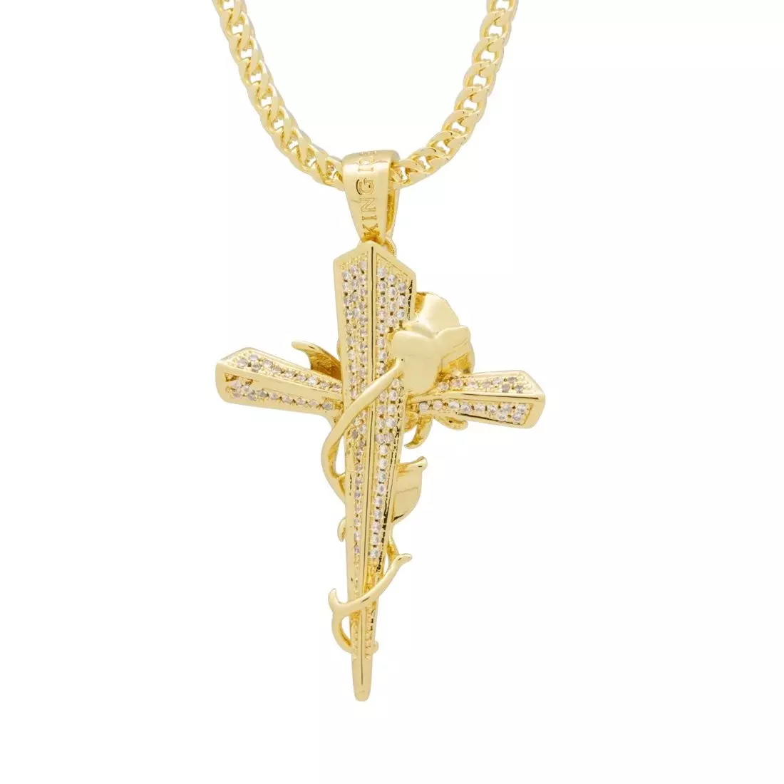 King Ice Rose Thorned Cross Necklace - Gold - GOLD