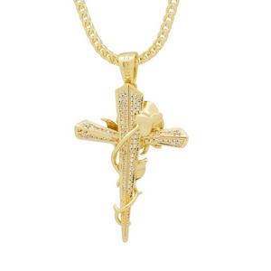 King Ice Rose Thorned Cross Necklace - Gold - GOLD