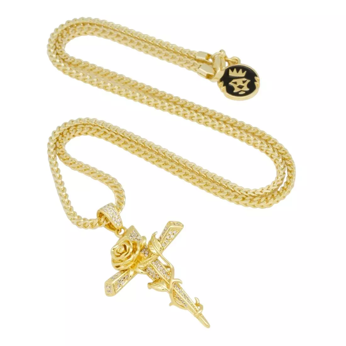 King Ice Rose Thorned Cross Necklace - Gold - GOLD