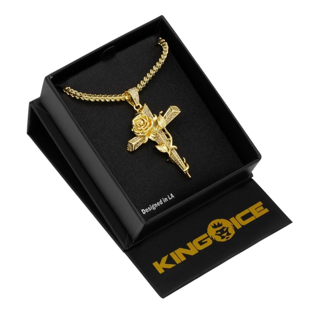 King Ice Rose Thorned Cross Necklace - Gold - GOLD