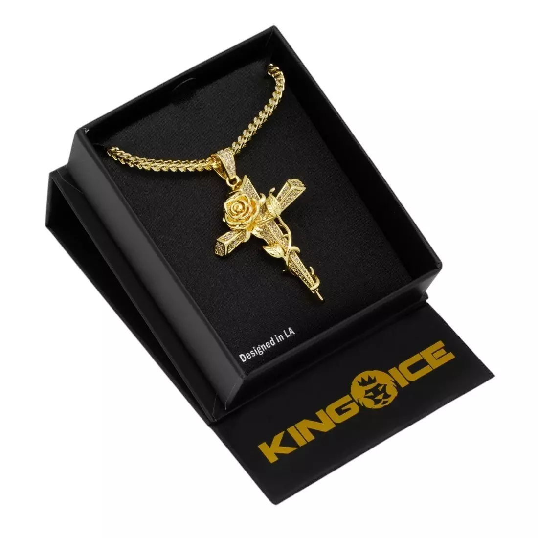 King Ice Rose Thorned Cross Necklace - Gold - GOLD