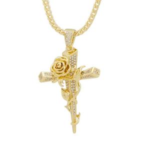 King Ice Rose Thorned Cross Necklace - Gold - GOLD