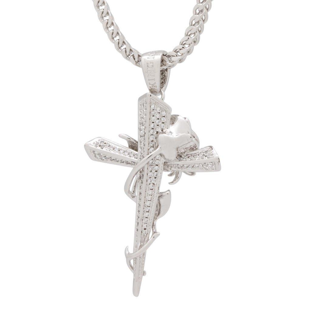 King Ice Rose Thorned Cross Necklace - White Gold - WHITE GOLD