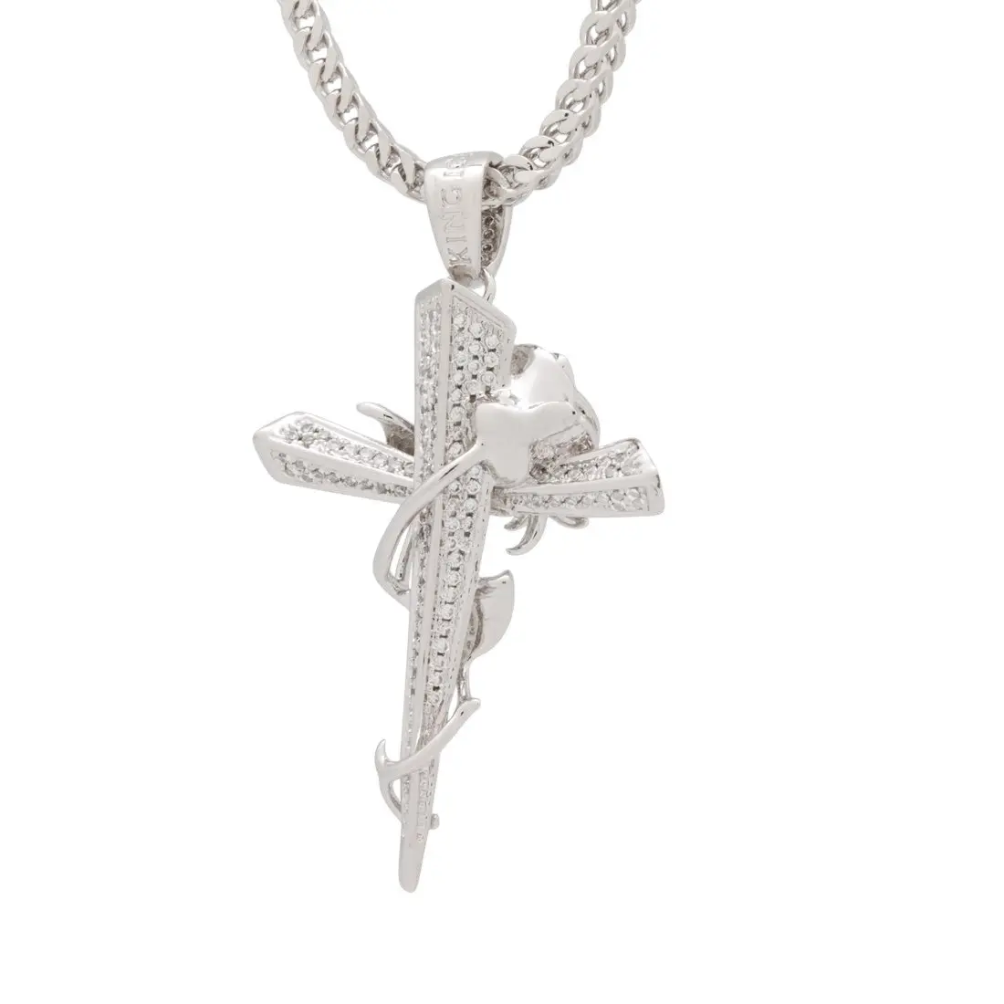 King Ice Rose Thorned Cross Necklace - White Gold - WHITE GOLD