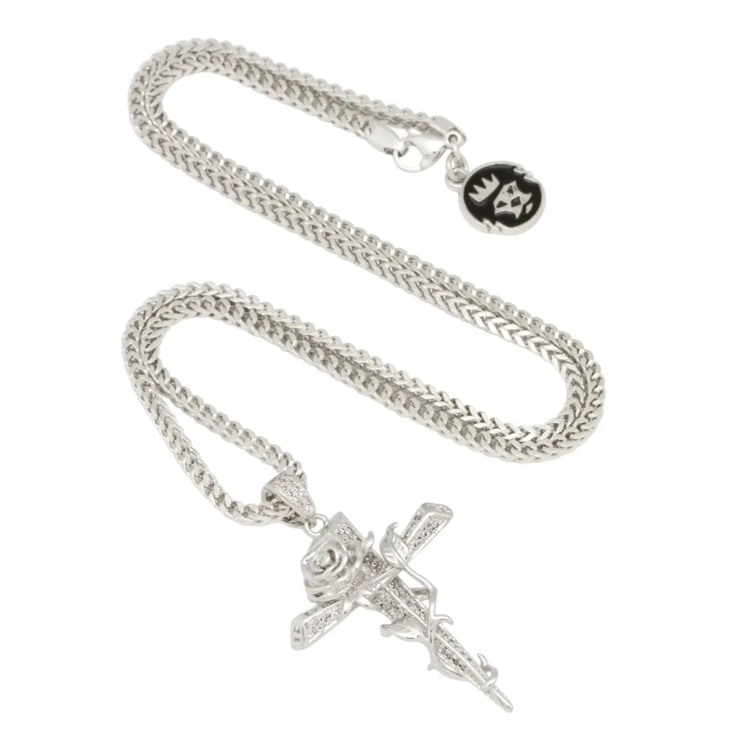 King Ice Rose Thorned Cross Necklace - White Gold - WHITE GOLD