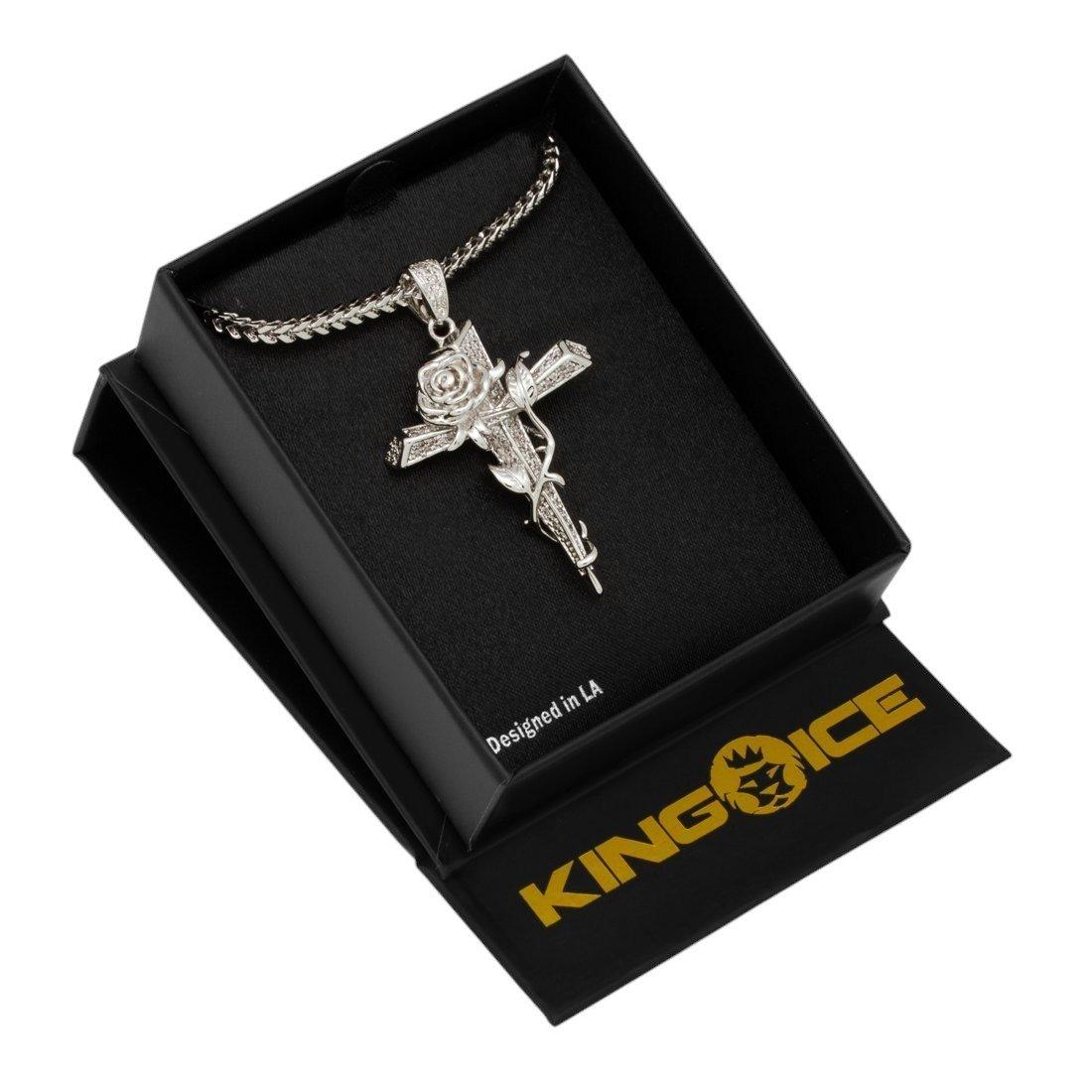 King Ice Rose Thorned Cross Necklace - White Gold - WHITE GOLD