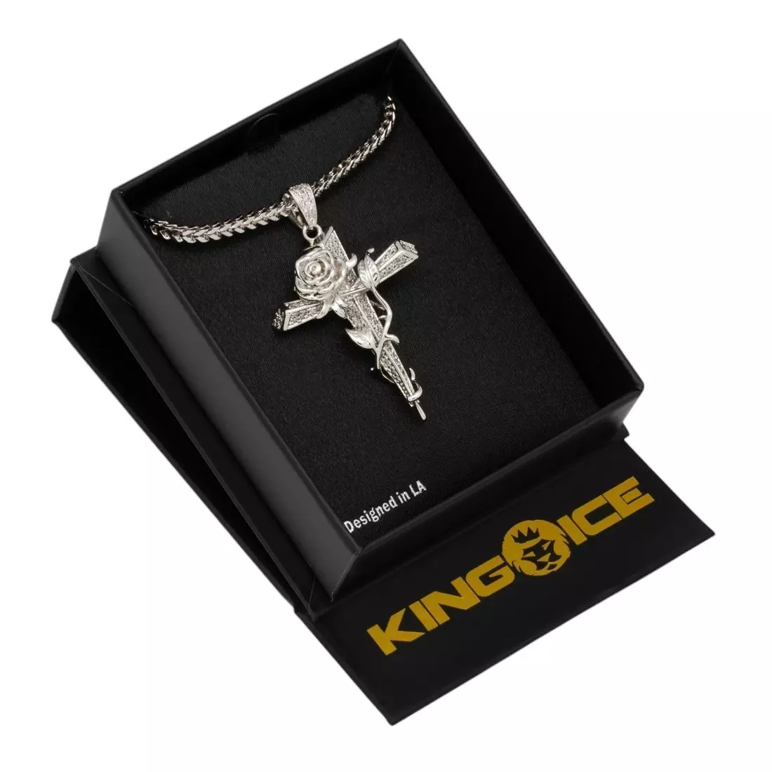 King Ice Rose Thorned Cross Necklace - White Gold - WHITE GOLD