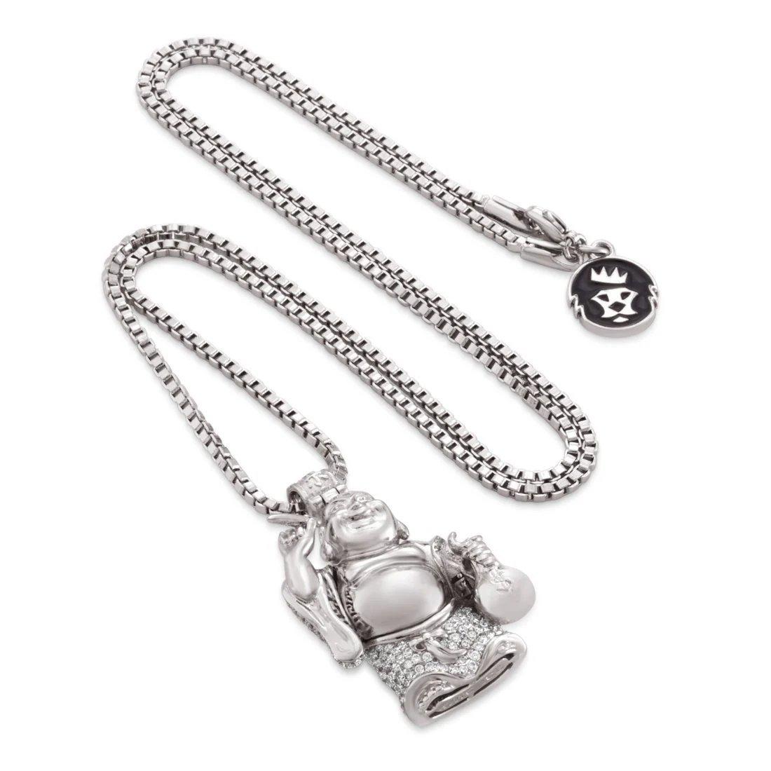 King Ice Iced Laughing Buddha Necklace - White Gold - WHITE GOLD
