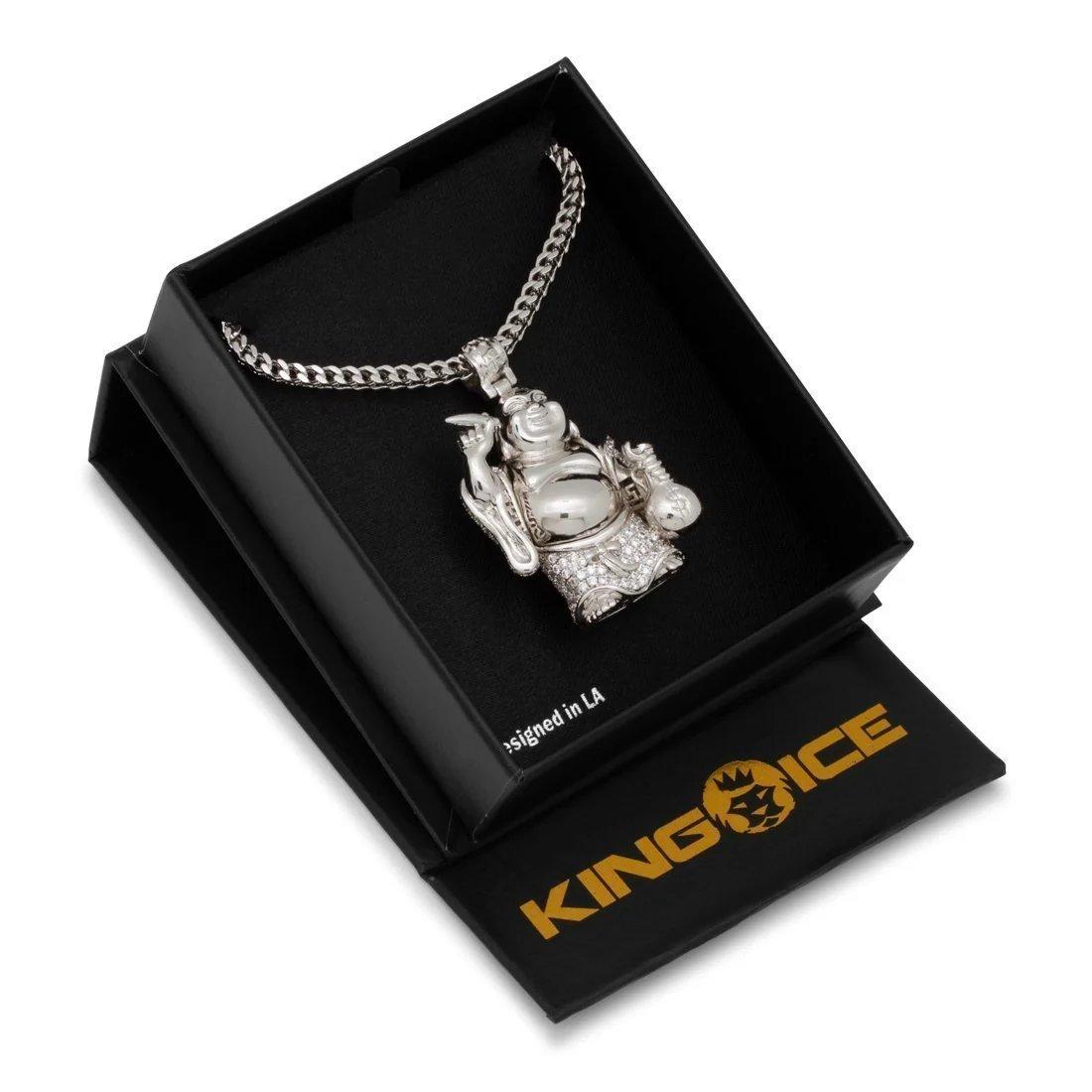 King Ice Iced Laughing Buddha Necklace - White Gold - WHITE GOLD