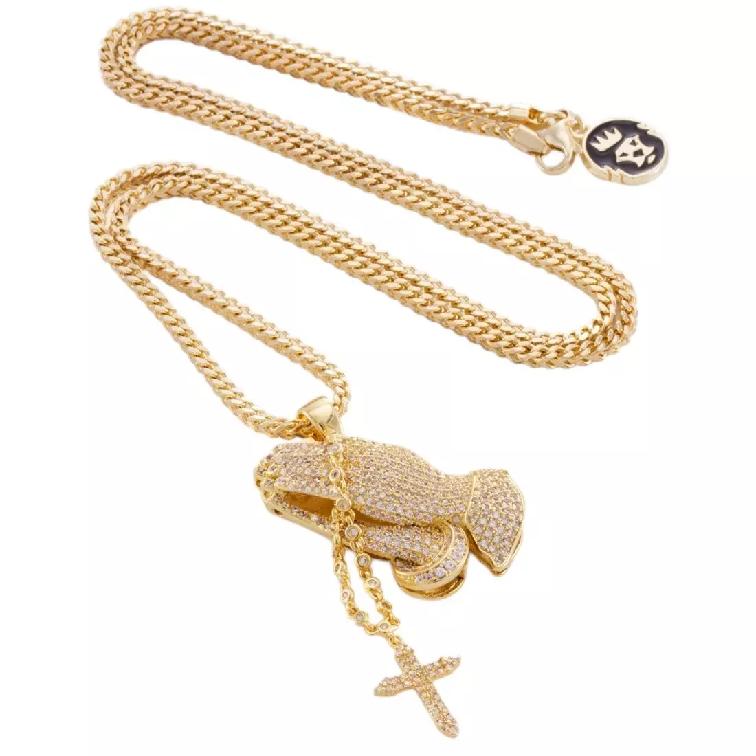 King Ice Rosary Praying Hands Necklace - GOLD