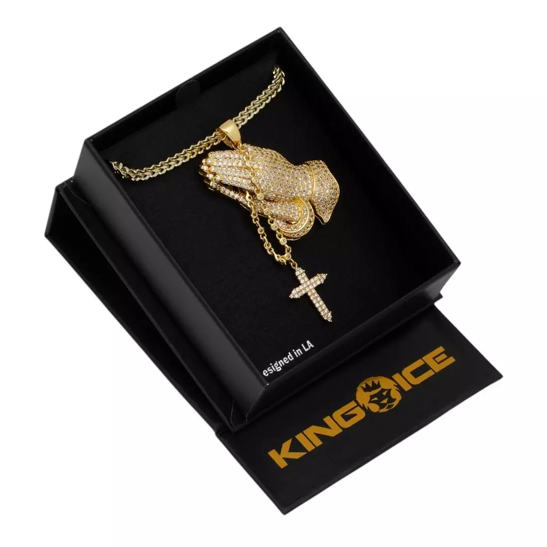King Ice Rosary Praying Hands Necklace - GOLD