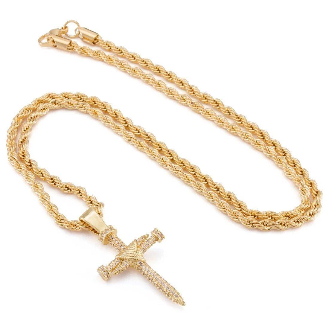King Ice Nail Cross Necklace - Gold - GOLD