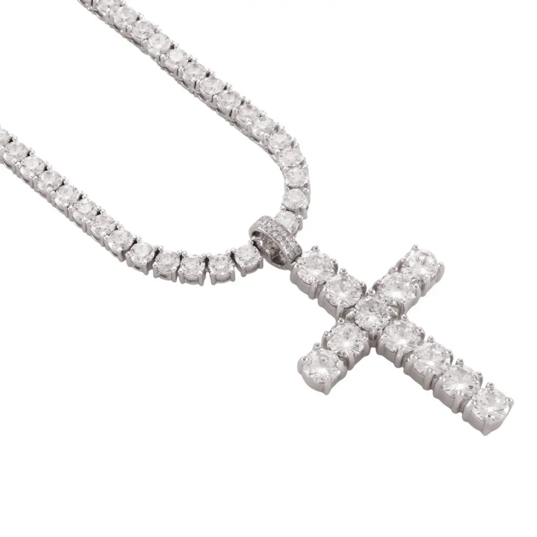 King Ice Tennis Cross Necklace - White Gold - WHITE GOLD
