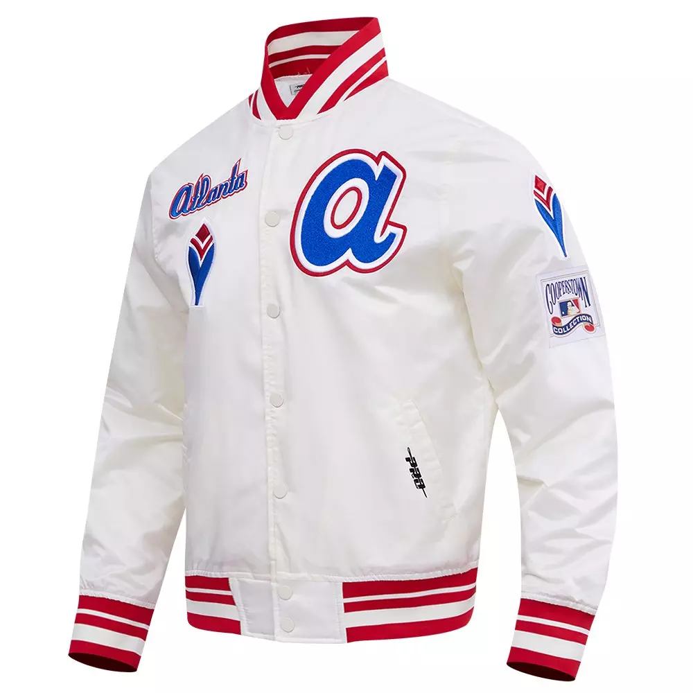 Pro Standard Men's MLB Atlanta Braves Retro Classic Rib Satin Jacket -Eggshell/Red - EGGSHELL/RED