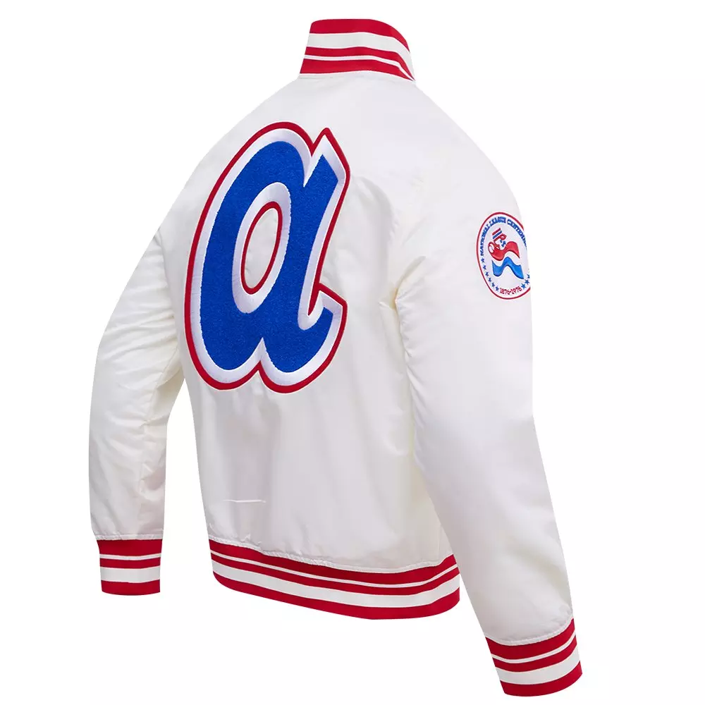 Pro Standard Men's MLB Atlanta Braves Retro Classic Rib Satin Jacket - Eggshell/Red - EGGSHELL/RED