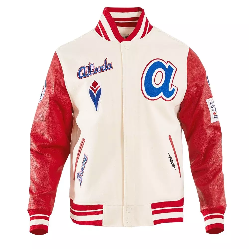 Pro Standard Men's MLB Atlanta Braves Retro Classic Rib Wool Varsity Jacket -Eggshell/Red - EGGSHELL/RED
