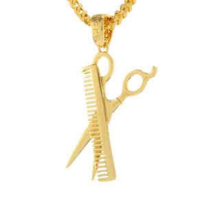 King Ice Comb and Scissors Necklace - GOLD