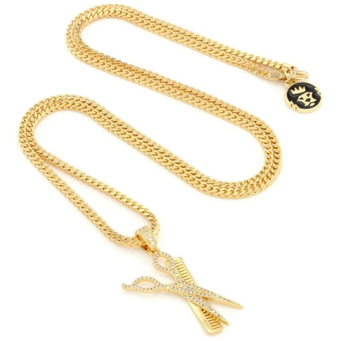 King Ice Comb and Scissors Necklace - GOLD