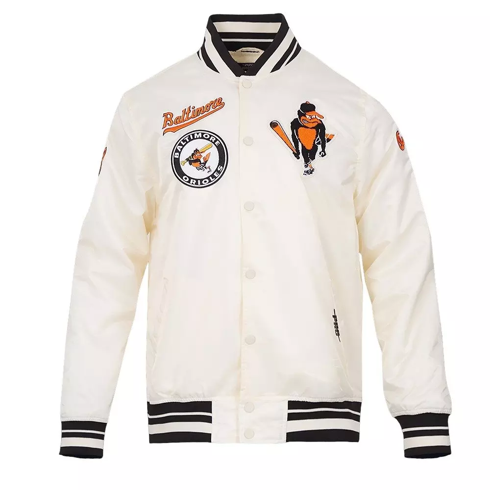 Pro Standard Men's MLB Baltimore Orioles Retro Classic Rib Satin Jacket - Eggshell/Black - EGGSHELL/BLACK