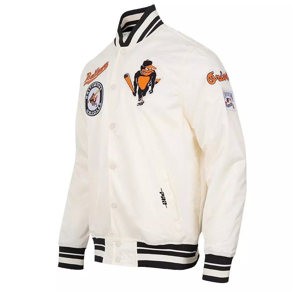 Pro Standard Men's MLB Baltimore Orioles Retro Classic Rib Satin Jacket - Eggshell/Black - EGGSHELL/BLACK
