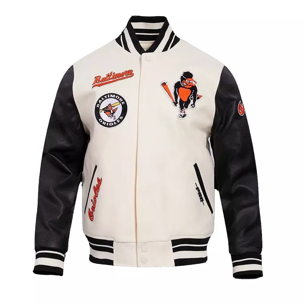 Pro Standard Men's MLB Baltimore Orioles Retro Classic Rib Wool Varsity Jacket -Eggshell/Black - EGGSHELL/BLACK