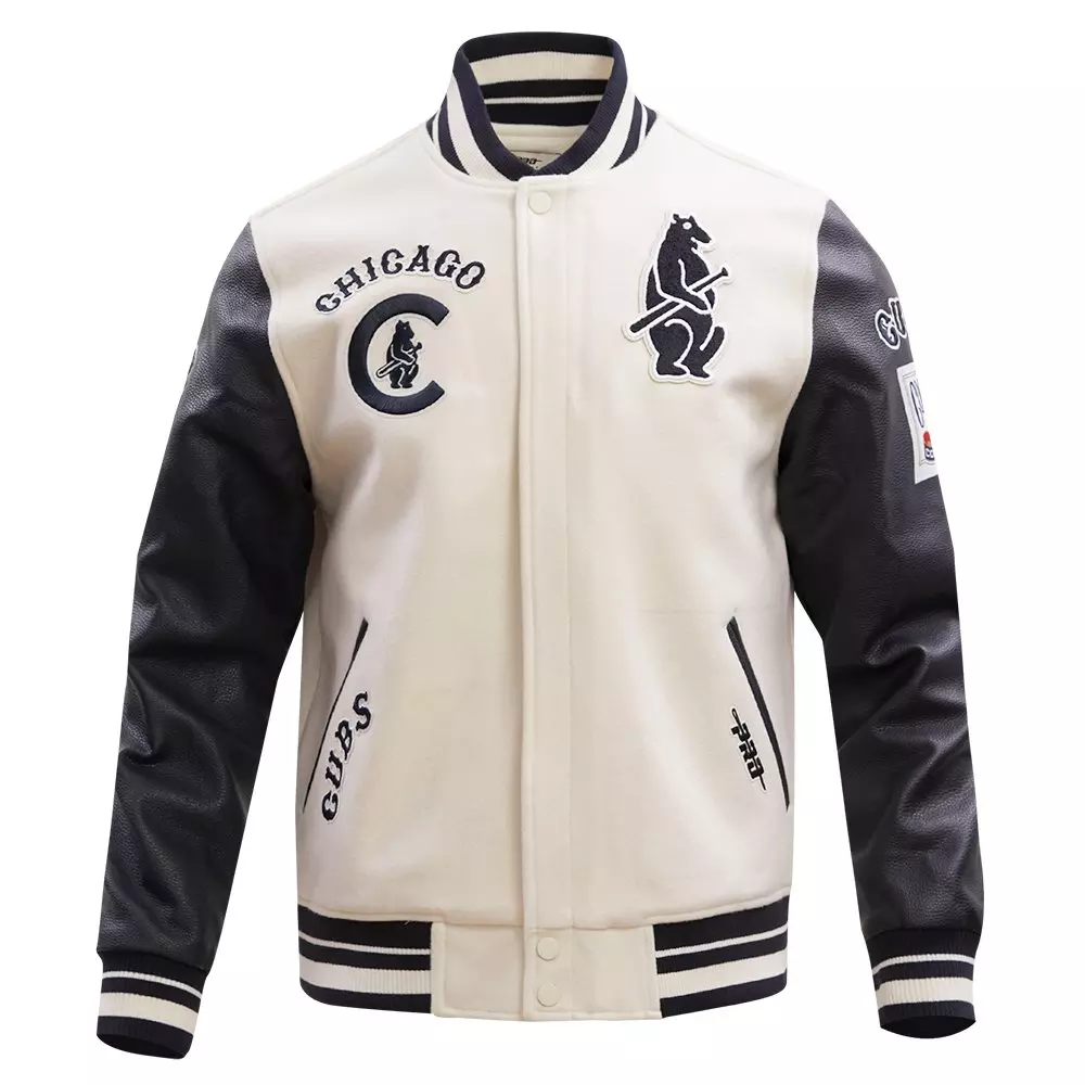 Pro Standard Men's MLB Chicago Cubs Retro Classic Rib Wool Varsity Jacket -Eggshell/Navy - EGGSHELL/NAVY
