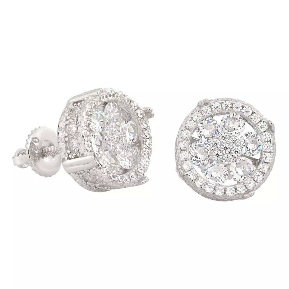 King Ice Round Cluster Stud Earrings - WHITE GOLD