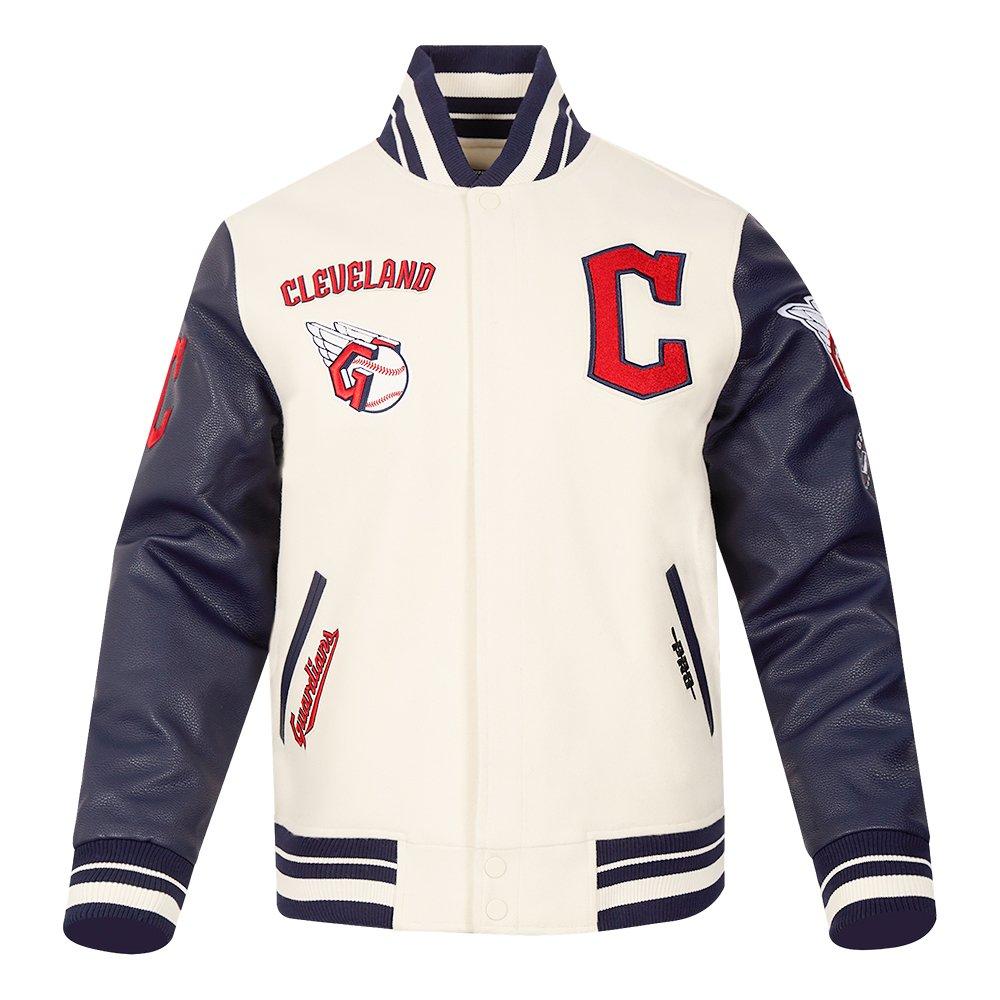 Pro Standard Men's MLB Cleveland Guardians Retro Classic Rib Wool Varsity Jacket -Eggshell/Navy - EGGSHELL/NAVY Thumbnail View 1