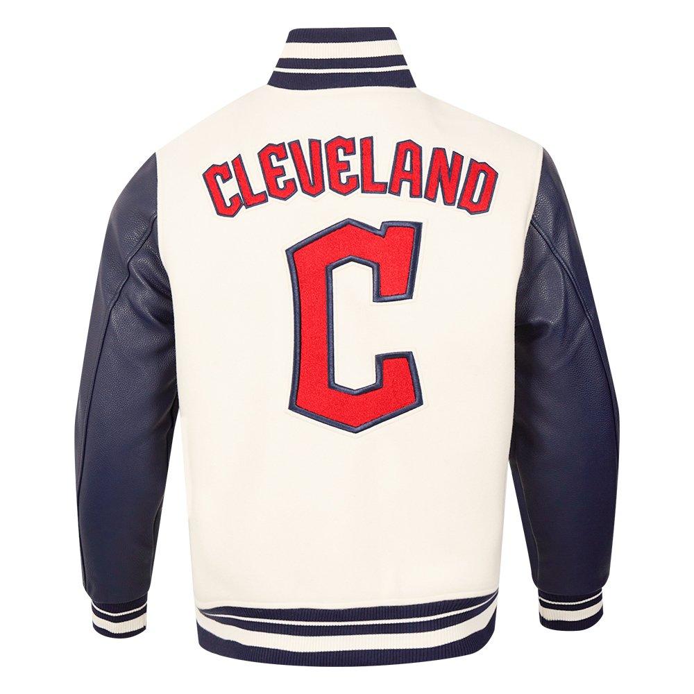 Pro Standard Men's MLB Cleveland Guardians Retro Classic Rib Wool Varsity Jacket - Eggshell/Navy - EGGSHELL/NAVY Thumbnail View 2