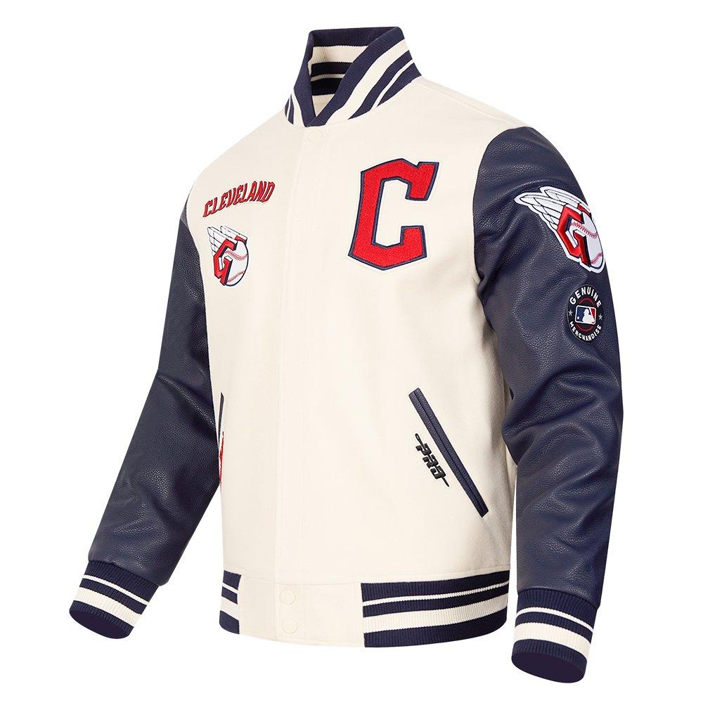 Pro Standard Men's MLB Cleveland Guardians Retro Classic Rib Wool Varsity Jacket -Eggshell/Navy - EGGSHELL/NAVY Thumbnail View 3