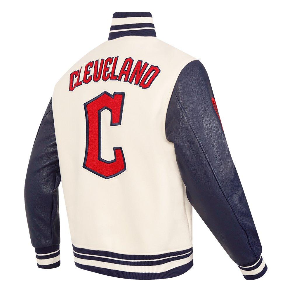 Pro Standard Men's MLB Cleveland Guardians Retro Classic Rib Wool Varsity Jacket - Eggshell/Navy - EGGSHELL/NAVY Thumbnail View 4