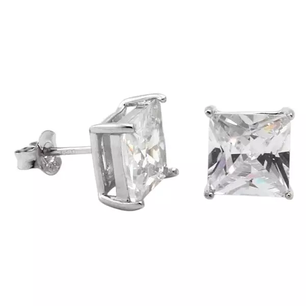 King Ice Princess-Cut Solid Gold Stud Earrings - White Gold - WHITE GOLD