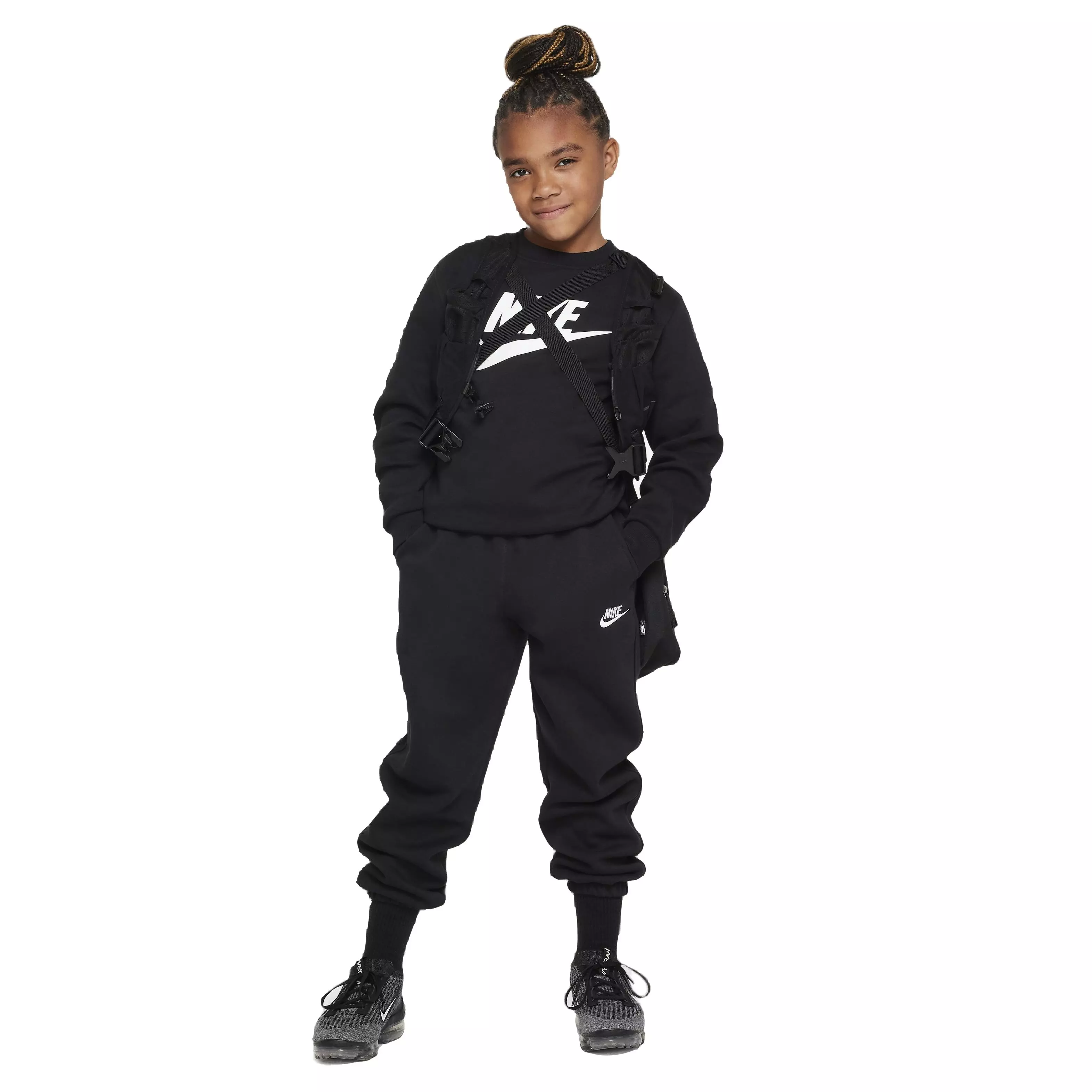 Nike Big Kids' Sportswear Club Fleece Crew HBR Long-Sleeve Sweatshirt -Black - BLACK