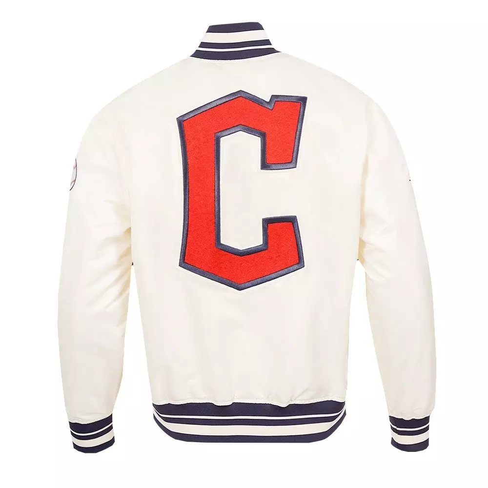 Pro Standard Men's MLB Cleveland Guardians Retro Classic Rib Satin Jacket - Eggshell/Navy - EGGSHELL/NAVY