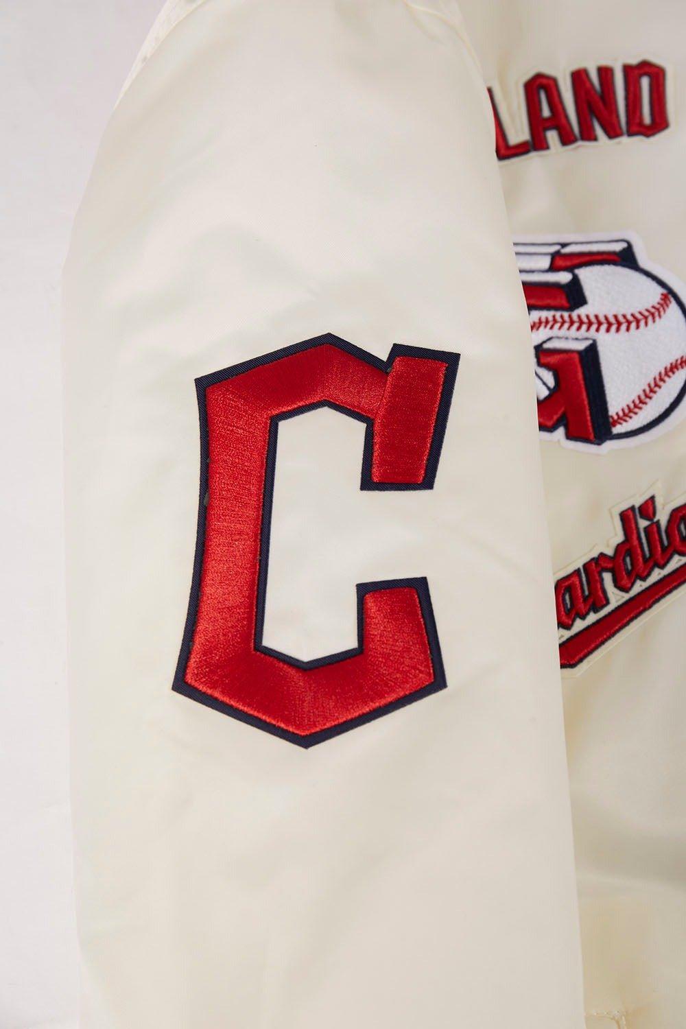 Pro Standard Men's MLB Cleveland Guardians Retro Classic Rib Satin Jacket -Eggshell/Navy - EGGSHELL/NAVY Thumbnail View 7