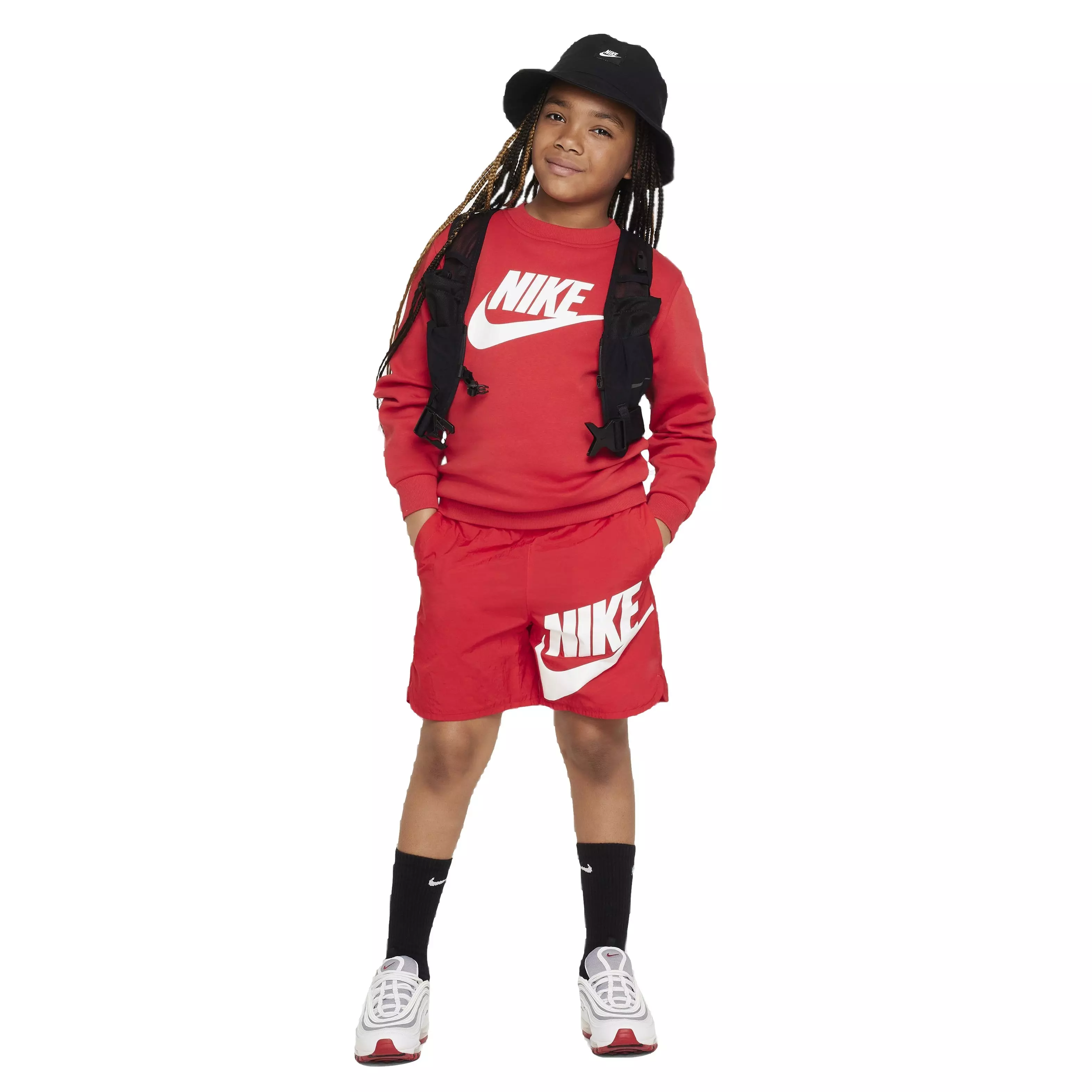 Nike Big Kids' Sportswear Club Fleece Crew HBR Long-Sleeve Sweatshirt -Red - RED