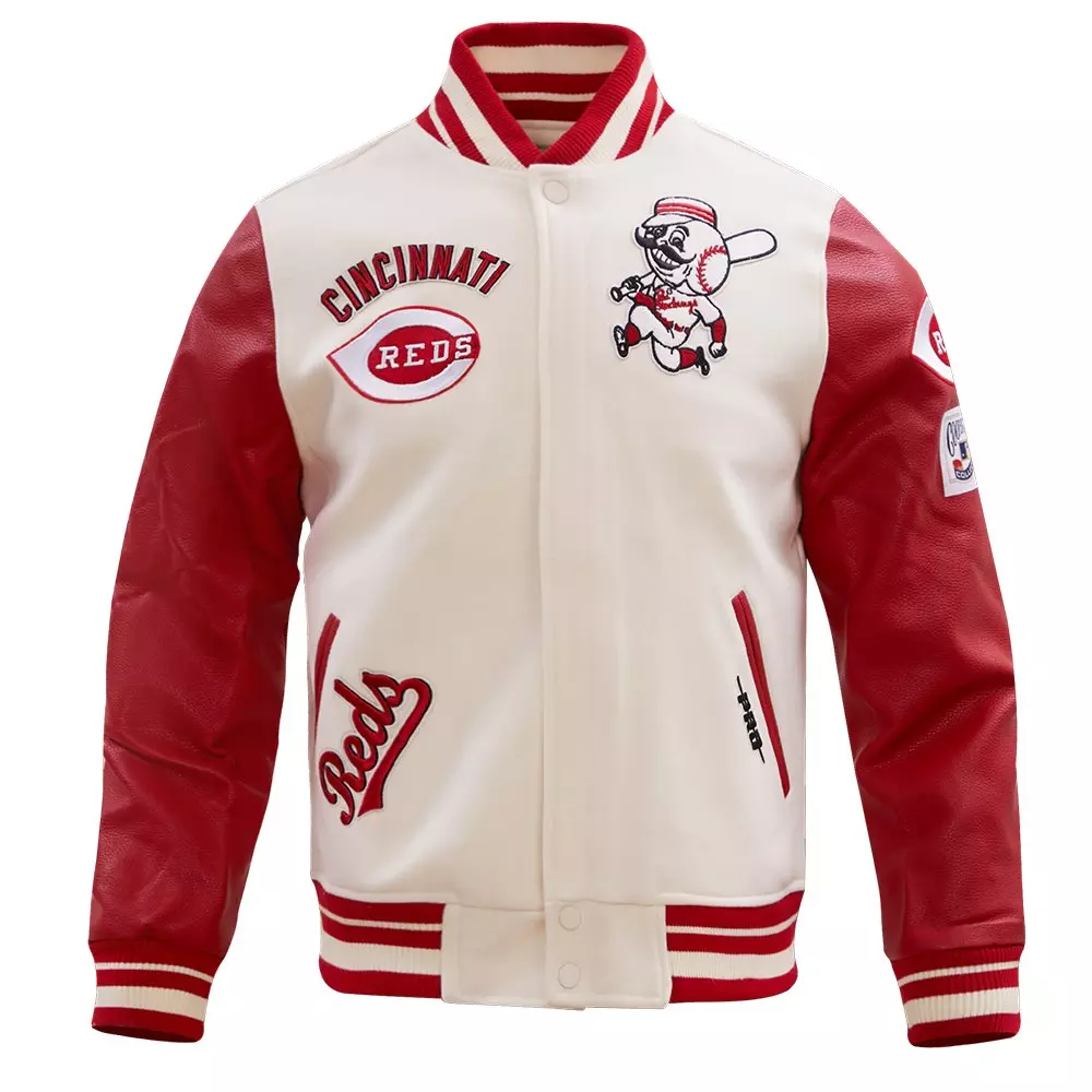 Pro Standard Men's MLB Cincinnati Reds Retro Classic Rib Wool Varsity Jacket - Eggshell/Red - EGGSHELL/RED