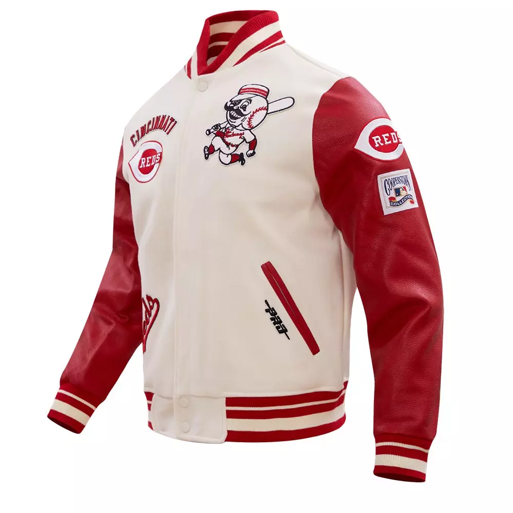 Pro Standard Men's MLB Cincinnati Reds Retro Classic Rib Wool Varsity Jacket -Eggshell/Red - EGGSHELL/RED