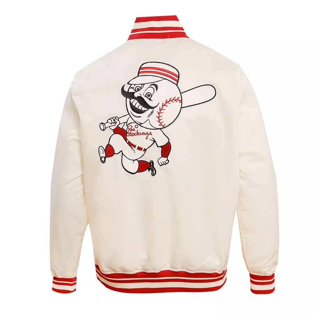 Pro Standard Men's MLB Cincinnati Reds Retro Classic Rib Satin Jacket - Eggshell/Red - EGGSHELL/RED